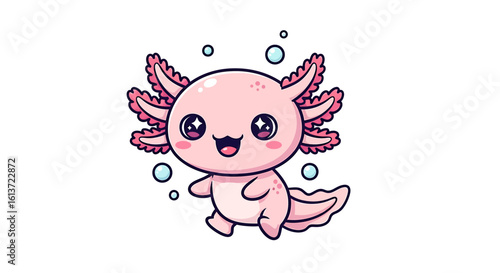 Adorable pastel pink axolotl with fluffy gills floating happily in water