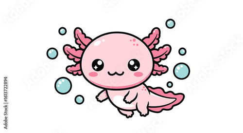 Tiny pink kawaii axolotl with fluffy gills floating happily in pastel bubbles