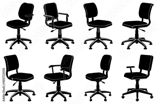 Silhouette illustration of eight office chairs with varying armrests and base designs in a row