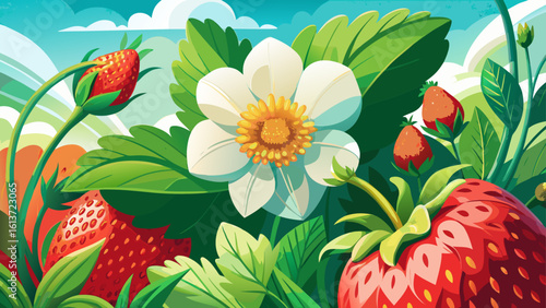 A summer gardening scene featuring a close-up of a white flower alongside red strawberry berries captures nature’s charm. In semi-realistic detail, colors blend beautifully, creating a fresh and peace