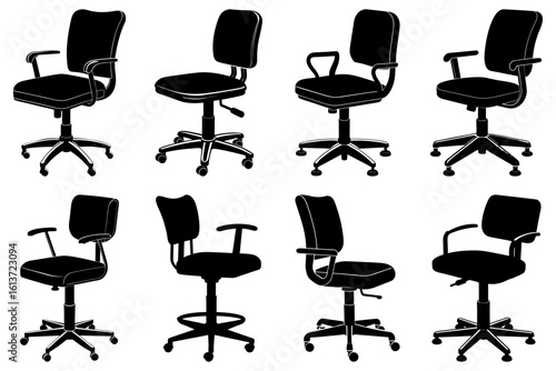 Eight black office chairs with varying designs and adjustable features in a symmetrical arrangement
