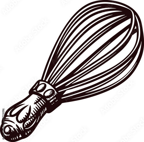 Hand drawn illustration of a vintage wire whisk kitchen utensil with ornate handle isolated on white background