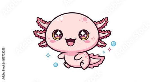 Chibi kawaii axolotl in pastel pink with oversized head and joyful smile floating