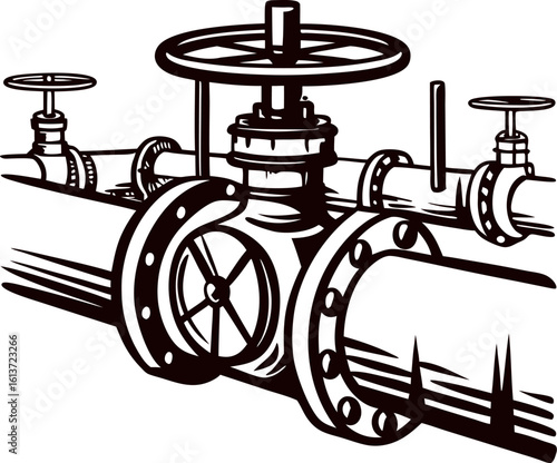 Industrial pipeline system with manual valve wheel and flanges in vintage engraved drawing illustration