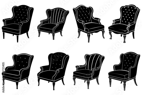 Collection of eight black and white wingback chairs with varying designs and upholstery details shown