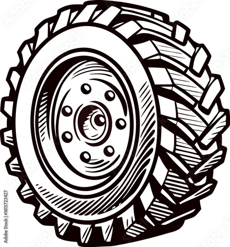 Detailed hand drawn illustration of an off road tire with rugged tread pattern isolated on a white background