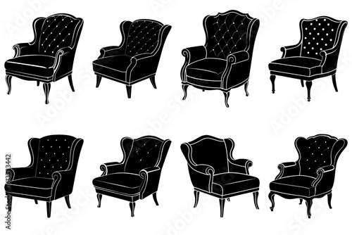 Collection of eight wingback chairs with varying designs and upholstery styles in black and white vector art