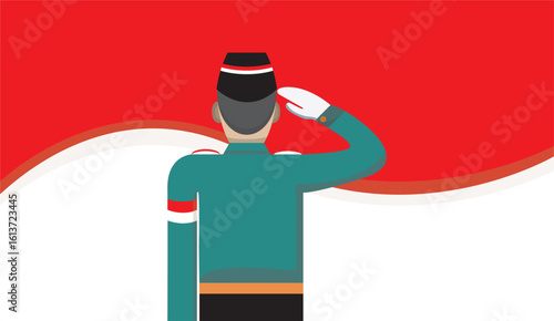 Illustration of ceremony officers saluting the red and white flag of Indonesia
