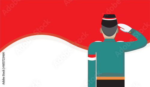 Illustration of ceremony officers saluting the red and white flag of Indonesia
