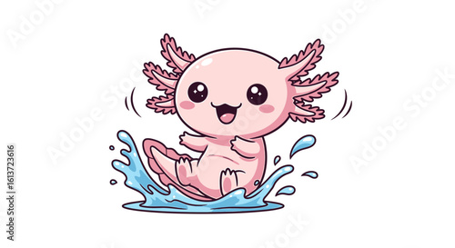 Pastel kawaii axolotl character splashing water joyfully with bright happy expression