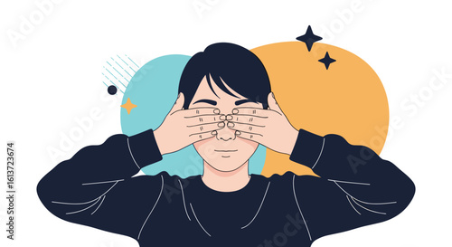 Person covering eyes with fingers illustration with abstract shapes and stars