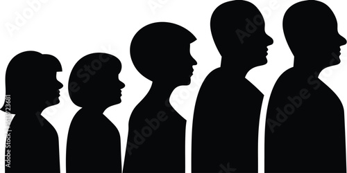 Silhouettes of people in profile showing stages of human life from child to elderly