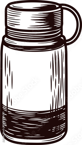Hand drawn insulated thermos flask with handle vintage engraved container sketch illustration