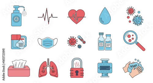 Illustrations representing public health measures against viral outbreaks and diseases showcasing medical care and protection strategies