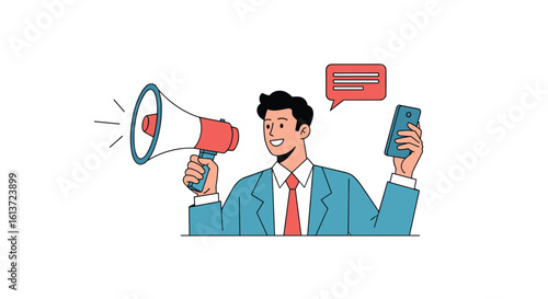 Man shouting into a megaphone holding a smartphone and communicating actively with a speech bubble overhead