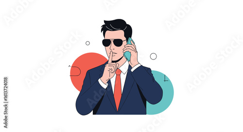 Discreet professional engaged in a confidential conversation while making a gesture for silence and wearing sunglasses and a suit