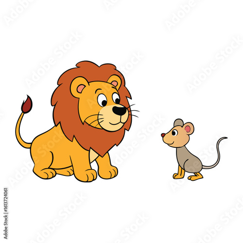 A mighty lion meets a tiny mouse in the wild. At first fierce, the lion spares the mouse—only to be saved by it later, proving even the smallest can be heroic.
