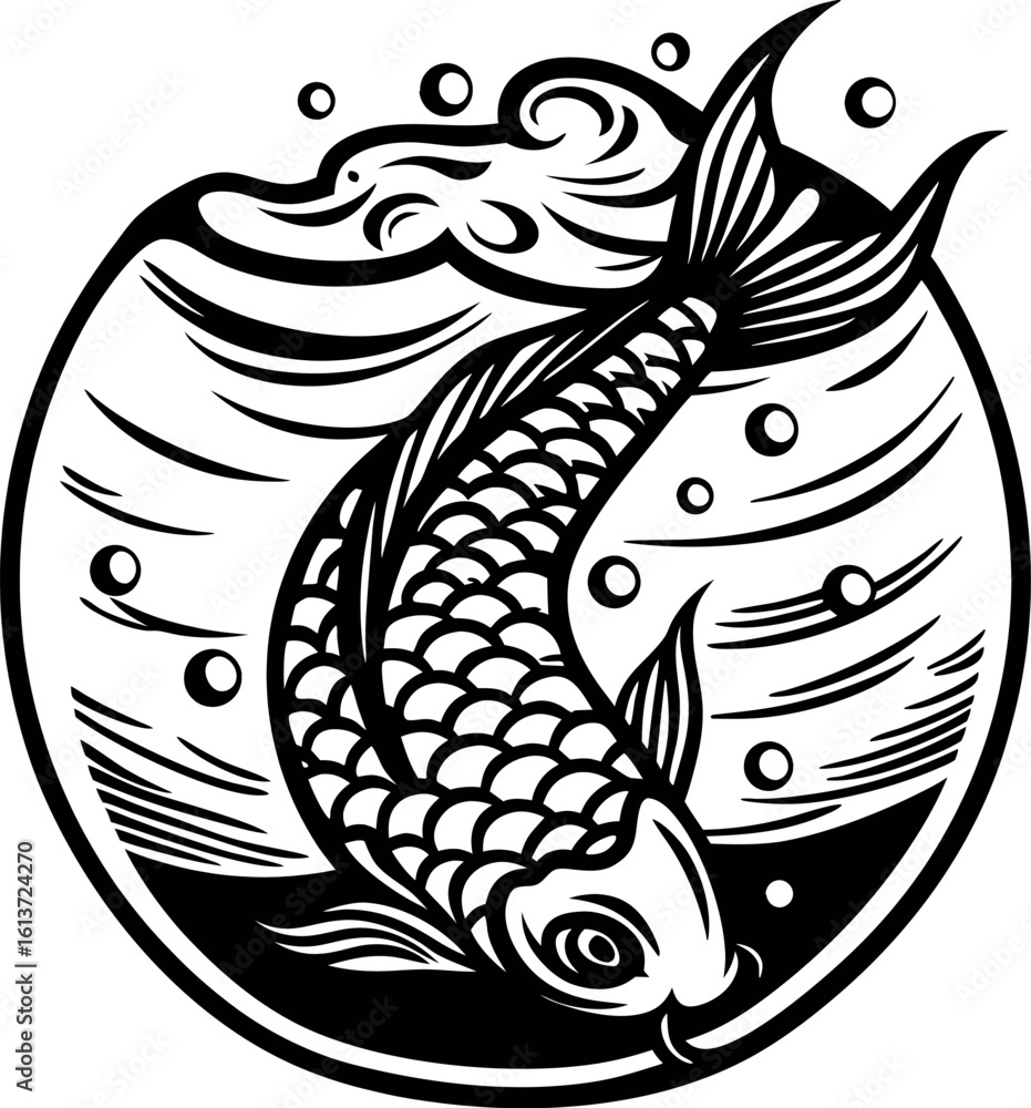 Fototapeta premium Intricate hand drawn koi fish swimming in water black and white stylized tattoo design illustration