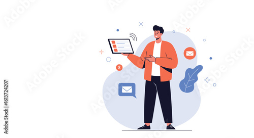 Young man holding tablet with checklist and engaging in digital communication tasks