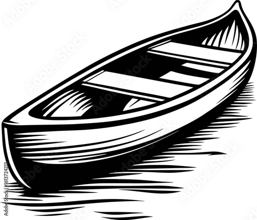 Wooden rowboat illustration with curved hull and interior seats, vintage engraving on water surface