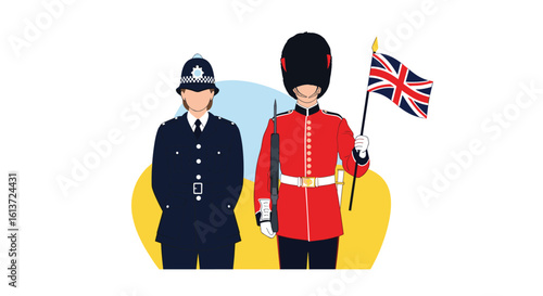 Iconic british symbols of law enforcement and royal guard with union jack flag illustration