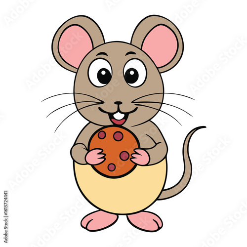 A cute mouse clutches a big cookie with tiny paws, eyes wide with delight. Its whiskers twitch in joy as it nibbles the treat, looking both sneaky and satisfied.
