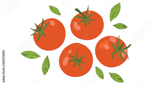 Vibrant flat design vector of fresh red tomatoes, perfect for food packaging, market banners, or healthy eating themes to highlight freshness and flavor.
