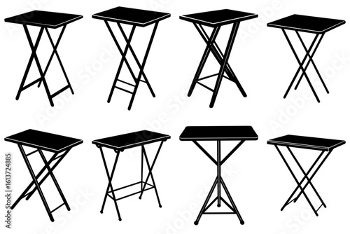 Illustration showing a collection of eight black folding tables in various orientations and styles
