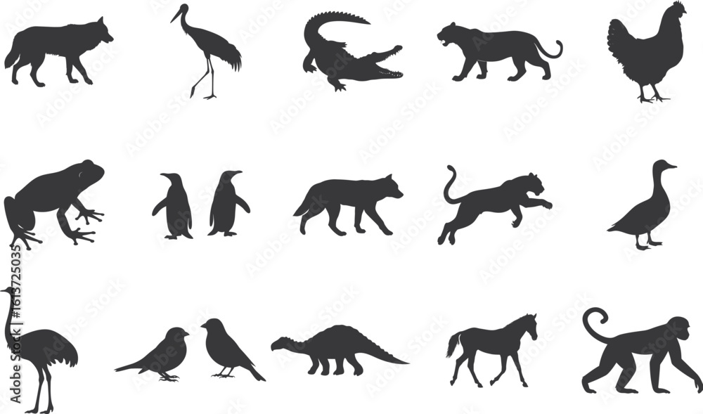 Obraz premium 15+ Different animal silhouette set collection. Animal vector black and white editable eps file. Alligator, Amphibian, Chicken, Dinosaur, Dog, graphic, Duck, Horse, Monkey, Old Word