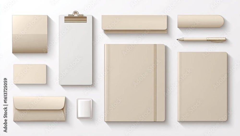 Beige stationery set, top-down view Beige stationery set, top-down view