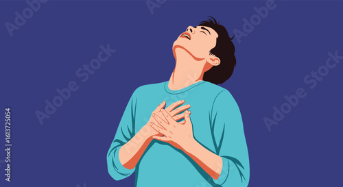 A man clutching his chest in distress with eyes closed and head thrown back