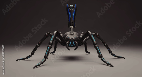 A futuristic, mechanical spider creature, posed in a central, commanding stance.
