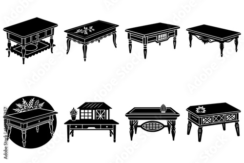 Illustration of various antique tables with different designs and styles in black and white color scheme