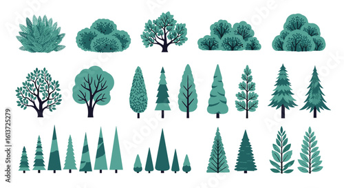 Collection of pixelated trees and shrubs in various shapes and sizes for natural landscape design elements