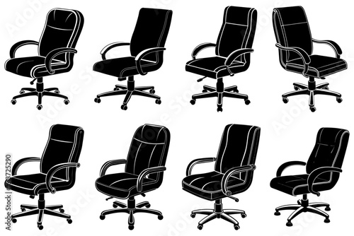 Collection of eight black office chairs with various designs and ergonomic features in monochrome style