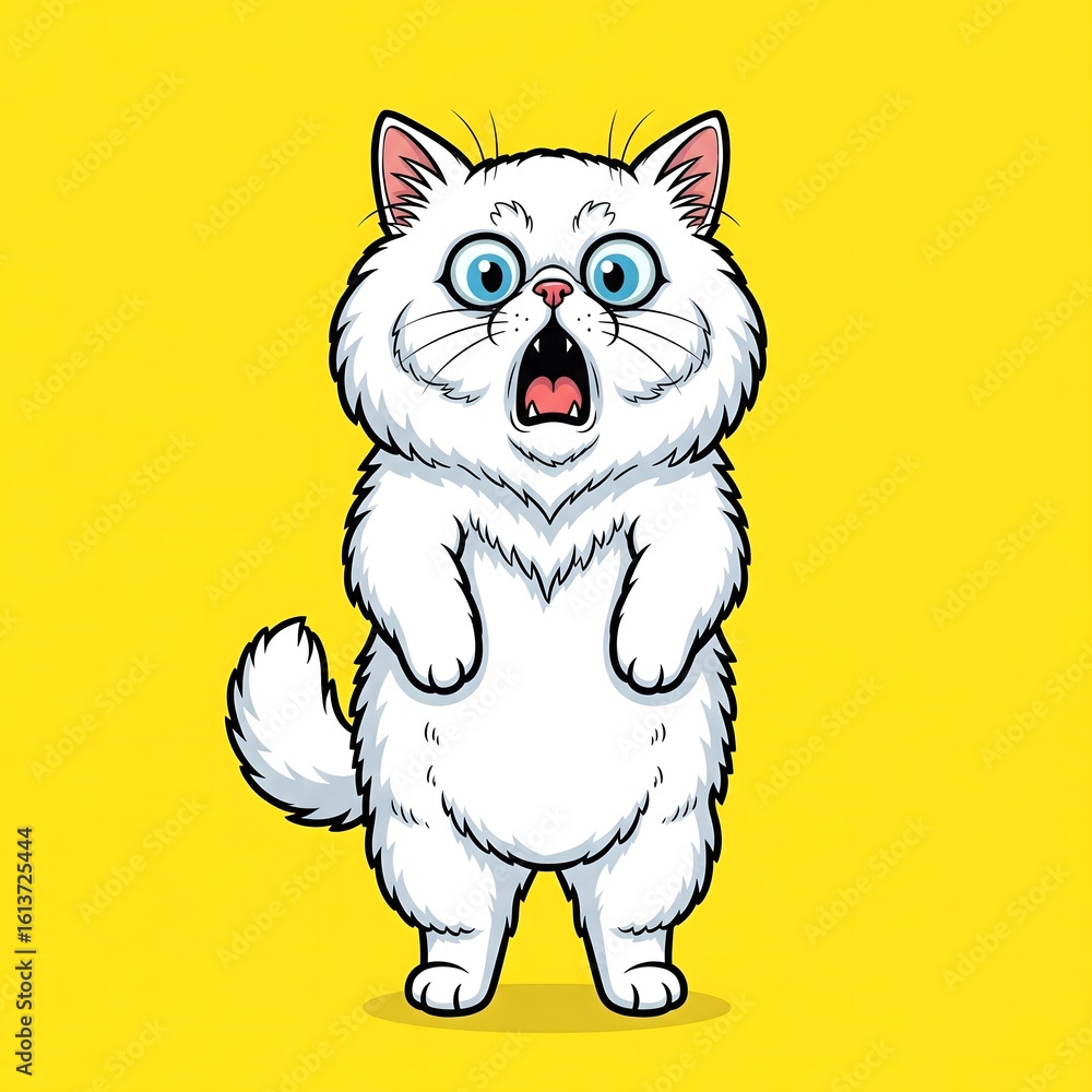 Obraz premium Surprised white fluffy cat standing with wide eyes on yellow background cartoon vector