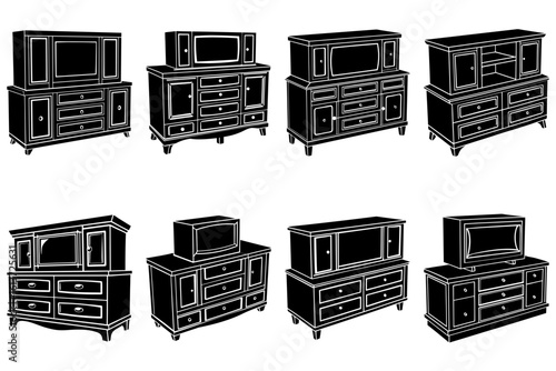 Illustration of eight different styles of black and white dressers and cabinets on a white background