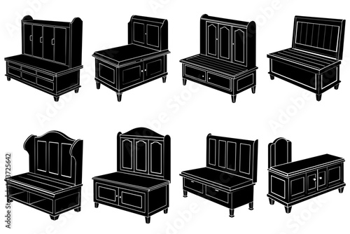 Collection of eight black and white furniture pieces featuring cabinets and storage benches in varied styles