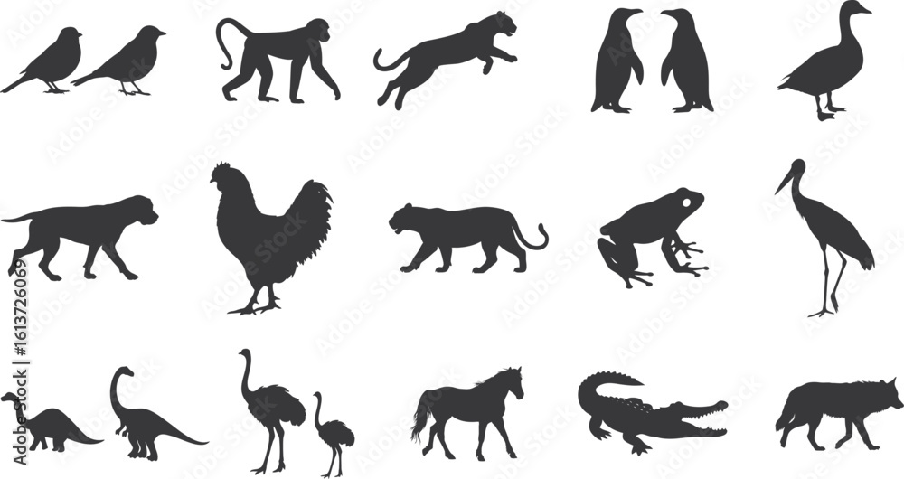 Fototapeta premium 15+ Different animal silhouette set collection. Animal vector black and white editable eps file. Alligator, Amphibian, Chicken, Dinosaur, Dog, graphic, Duck, Horse, Monkey, Old Word