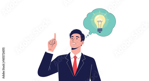 A businessman gestures enthusiastically towards a bright idea lightbulb floating in a thought bubble above his head