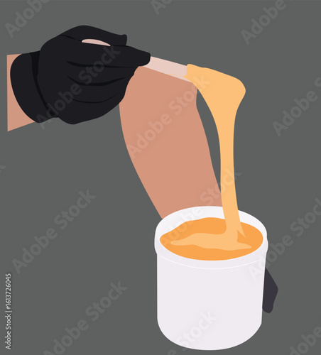 vektor waxing sugar and spatula.  wooden waxing spatula stick and container with sugar paste or wax honey liquid