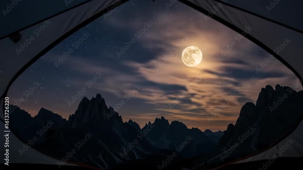 Camp view showing a full moon rising over mountains