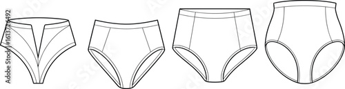 Women's underwear vector set, bikini, hipster, brief, high waist panty, lingerie design template, fashion sketch, clothing illustration