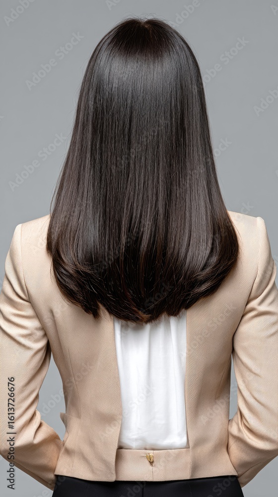 Naklejka premium Beautiful woman from the back with long, silky hair highlights elegance and style, framed by a simple grey backdrop.