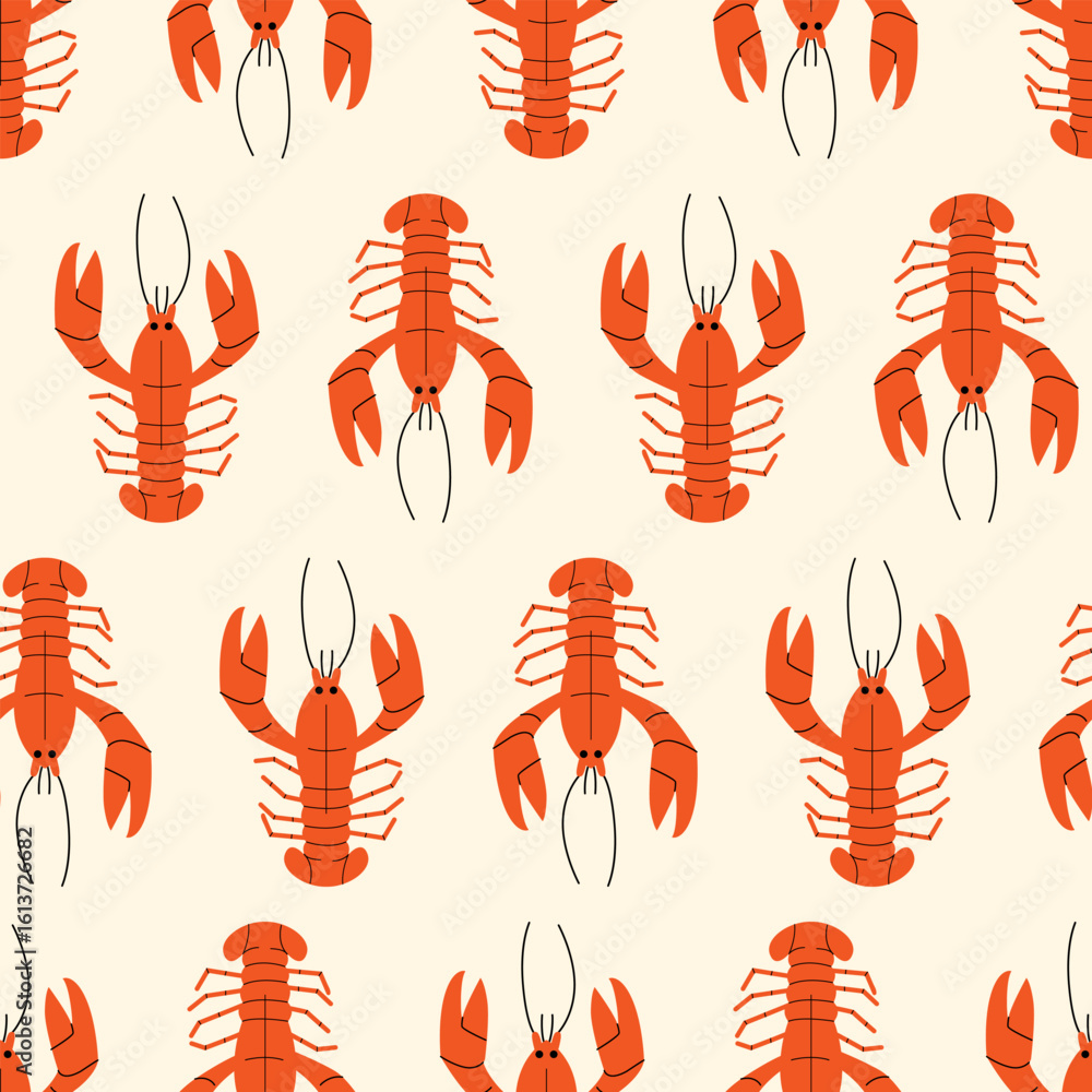 Obraz premium Seamless pattern with lobsters. Summer groovy wallpaper in retro style. Mediterranean seafood vector flat background