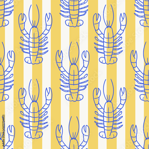 Seamless pattern with lobsters. Vector hand drawn striped background. Retro sketch style. Amalfi coast aesthetic