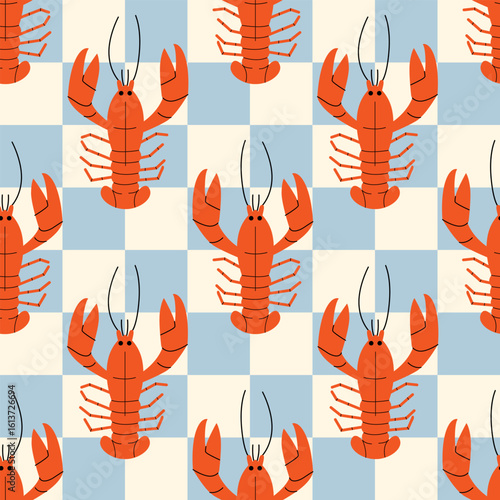 Seamless pattern with lobsters in checkered background. Summer groovy wallpaper in retro style. Mediterranean seafood vector flat illustration