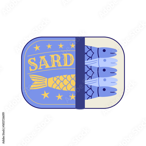 Sardines in metal can. Vintage style vector flat illustration. Mediterranean fish seafood in retro style