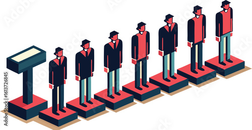 Businessmen standing in a line on platforms showing career progression