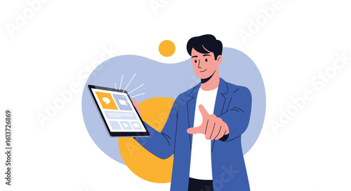 Modern digital interaction person using tablet demonstrating interactive user interface elements and content engaging with technology